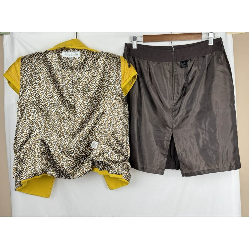 Tahari Arthur S Levine Skirt Suit 8P Yellow Linen Blazer Brown Skirt Leopard Set - Picture 3 of 16